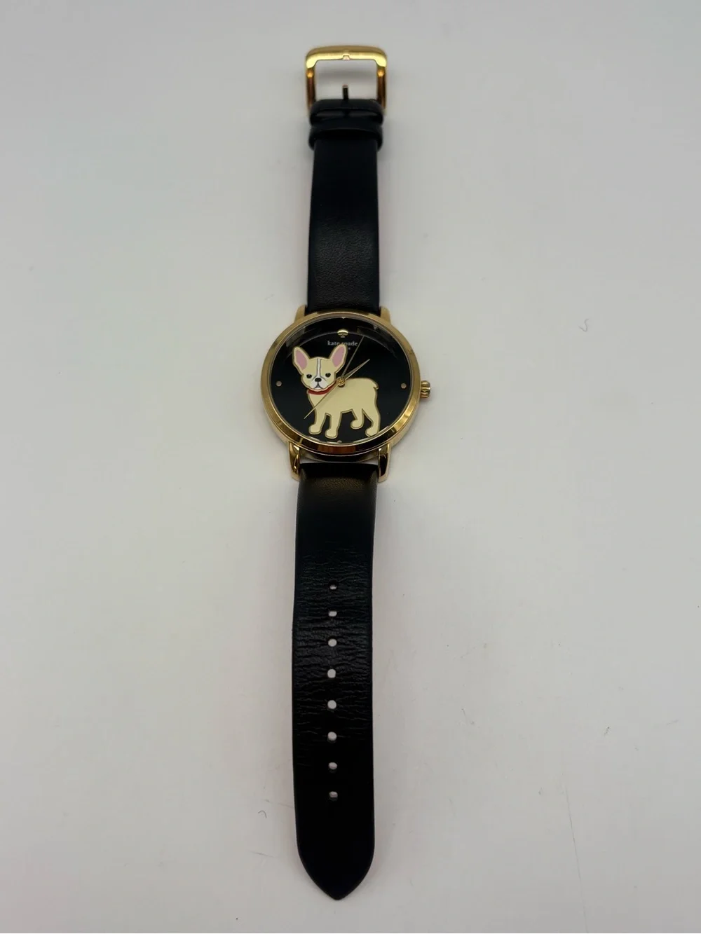 KATE SPADE Metro Black Gold Bulldog Puppy Dog Leather Watch